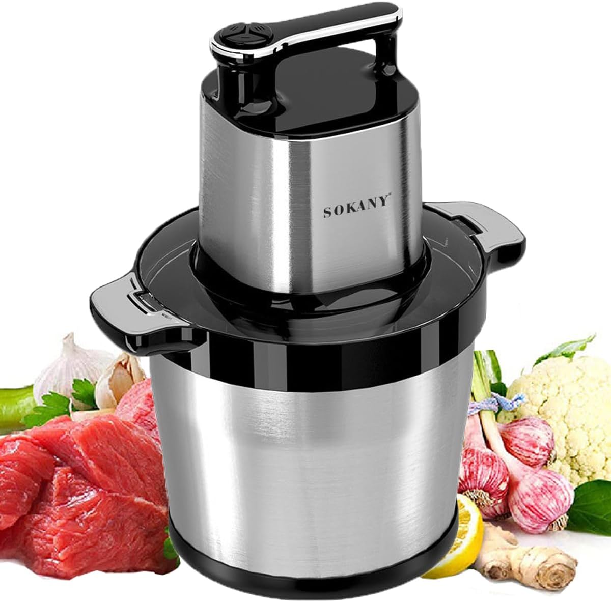 SOKANY Tritacarne Elettrico da Cucina 1500W con Ciotola in Acciaio Inox da 6,5L, Tritatutto con 3 Livelli di Velocità, Robot da Cucina con 4 Lame per Carne, Cipolle, Frutta, Verdura