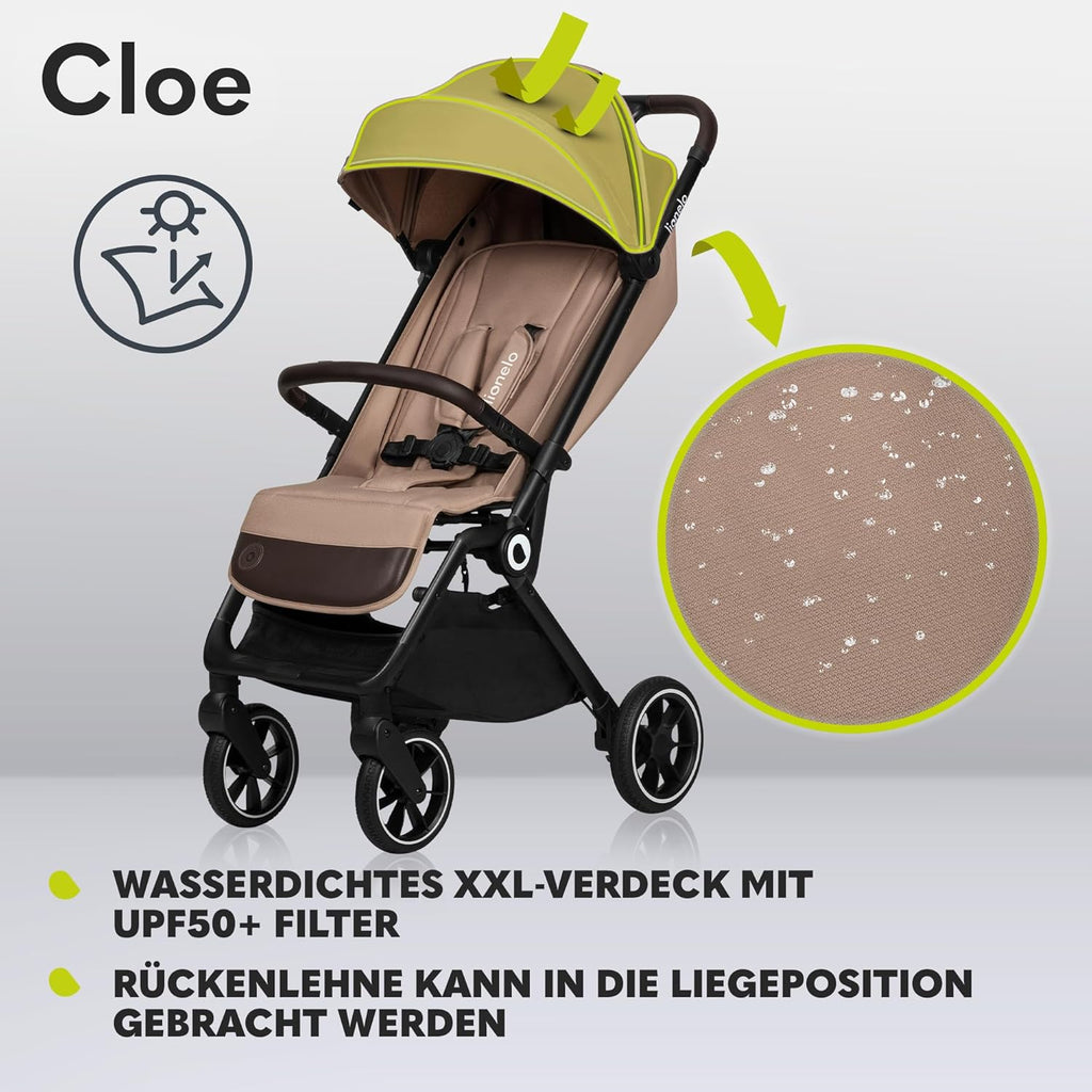LIONELO Cloe Passeggino Pieghevole fino a 22 kg, Schienale Regolabile Funzione Nanna, Imbracatura a 5 Punti Grandi Ruote Girevoli Zanzariera Porta Bicchieri Leggero Compatto Impermeabile