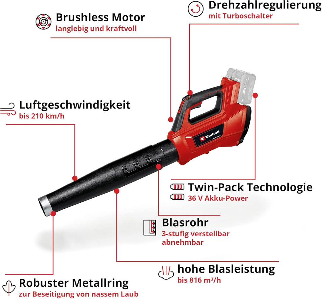 Soffiatore a batteria Einhell Professional GP-LB 36/210 Li E-Solo Power X-Change (Agli ioni di litio, potenza di soffiaggio 816 m³/h, interruttore turbo, tubo in 3 parti + staccabile, senza batteria e caricabatterie)