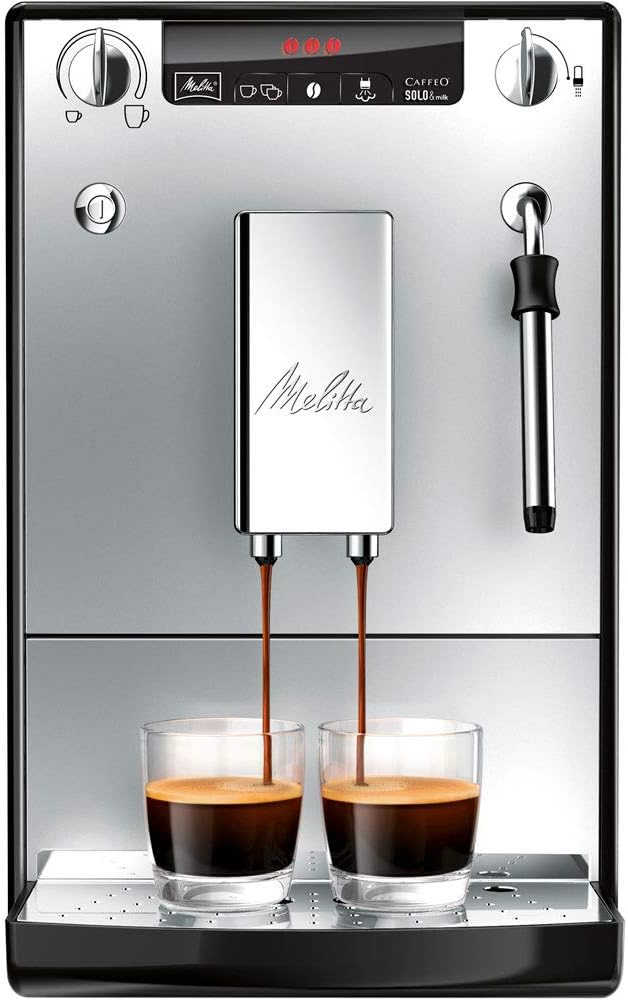 Melitta Solo & Milk - Macchina da caffè completamente automatica compatta con montalatte, con serbatoio dell'acqua rimovibile, per es. caffè o cappuccino, argento