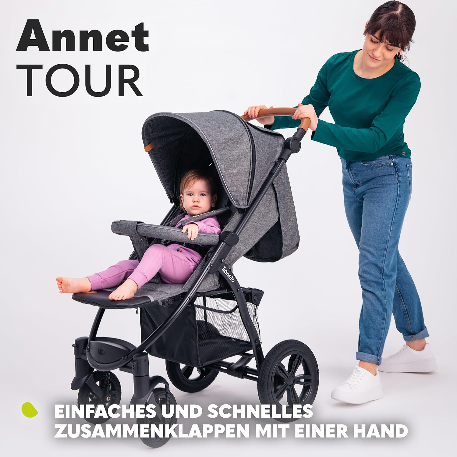 LIONELO Annet Tour Kinderwagen bis 22 kg, verstellbarer Griff, zusammenklappbar, verstellbare Rückenlehne bis zur Liegeposition, wartungsfreie Räder, XXL-Verdeck, 5-Punkt-Gurt, Einkaufskorb