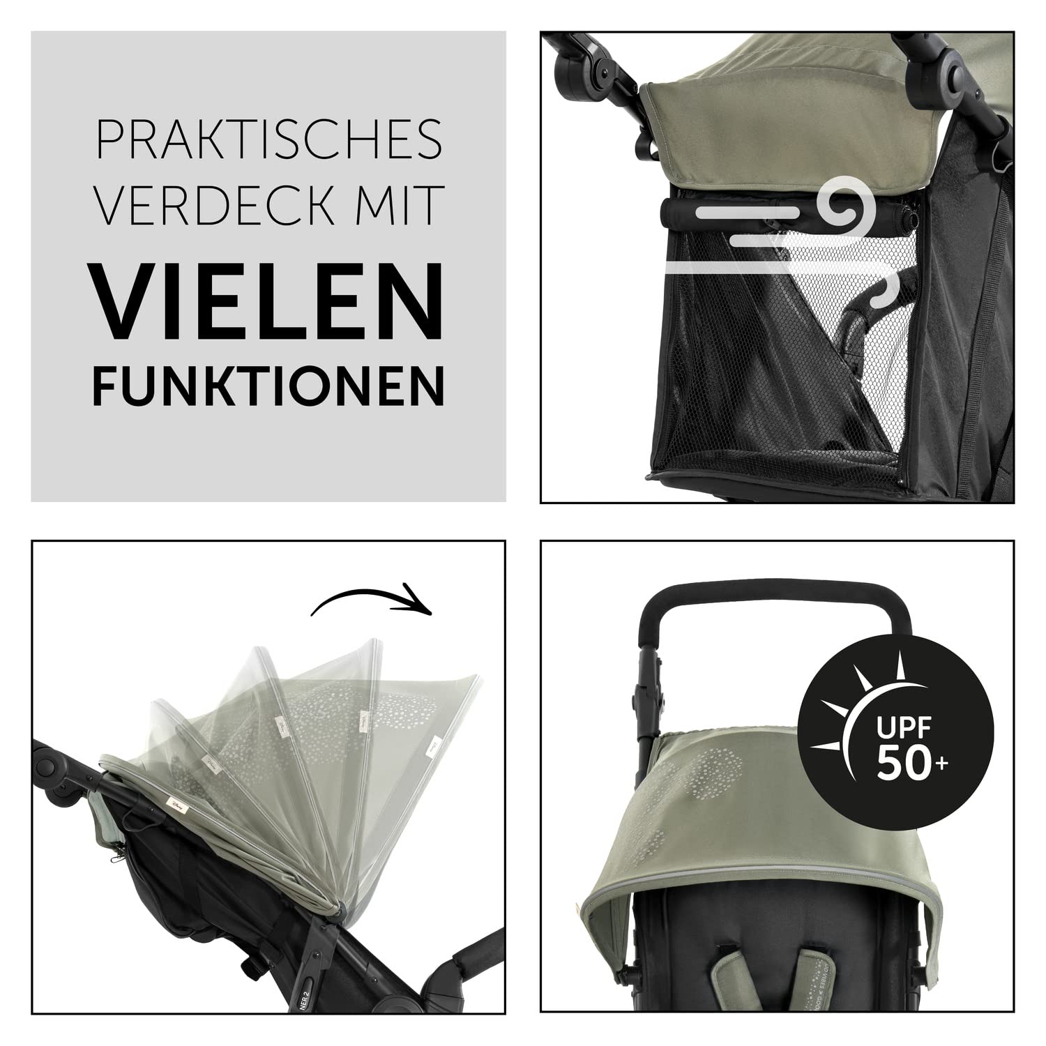 hauck Passeggino Runner 2, Passeggino a tre ruote con ruote pneumatiche XL per bambini fino a 22 kg, Protezione UV 50+, Finestra di ventilazione, Regolabile in altezza, Pieghevole, Cestino XL fino a 3 kg, Funzione reclinabile (Nero)