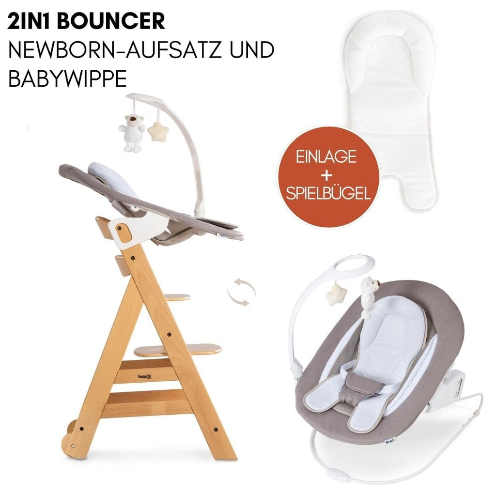 Hauck Seggiolone Beta+ Newborn Set Deluxe - Set Seggiolone Pappa dalla Nascita con Sdraietta Neonato, Cuscino e Vassoio - Naturale
