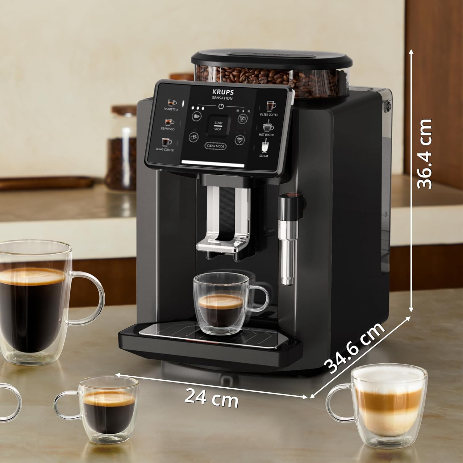 Krups Sensation Macchina da Caffè Automatica, Lancia Vapore, 5 Bevande, Funzione Caffè Filtro, Funzione 2 Tazze, Caffettiera, Nero, EA910810