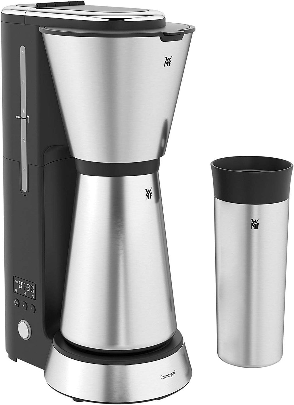 WMF Küchenminis Macchina da caffè con filtro Aroma, 870 Watt, Cromargan opaco e Tostapane 1 fetta a fessura lunga Küchenminis per Toast XXL, accessorio per panini, 7 livelli di doratura, protezione surriscaldamento 600W, Acciaio inox opaco