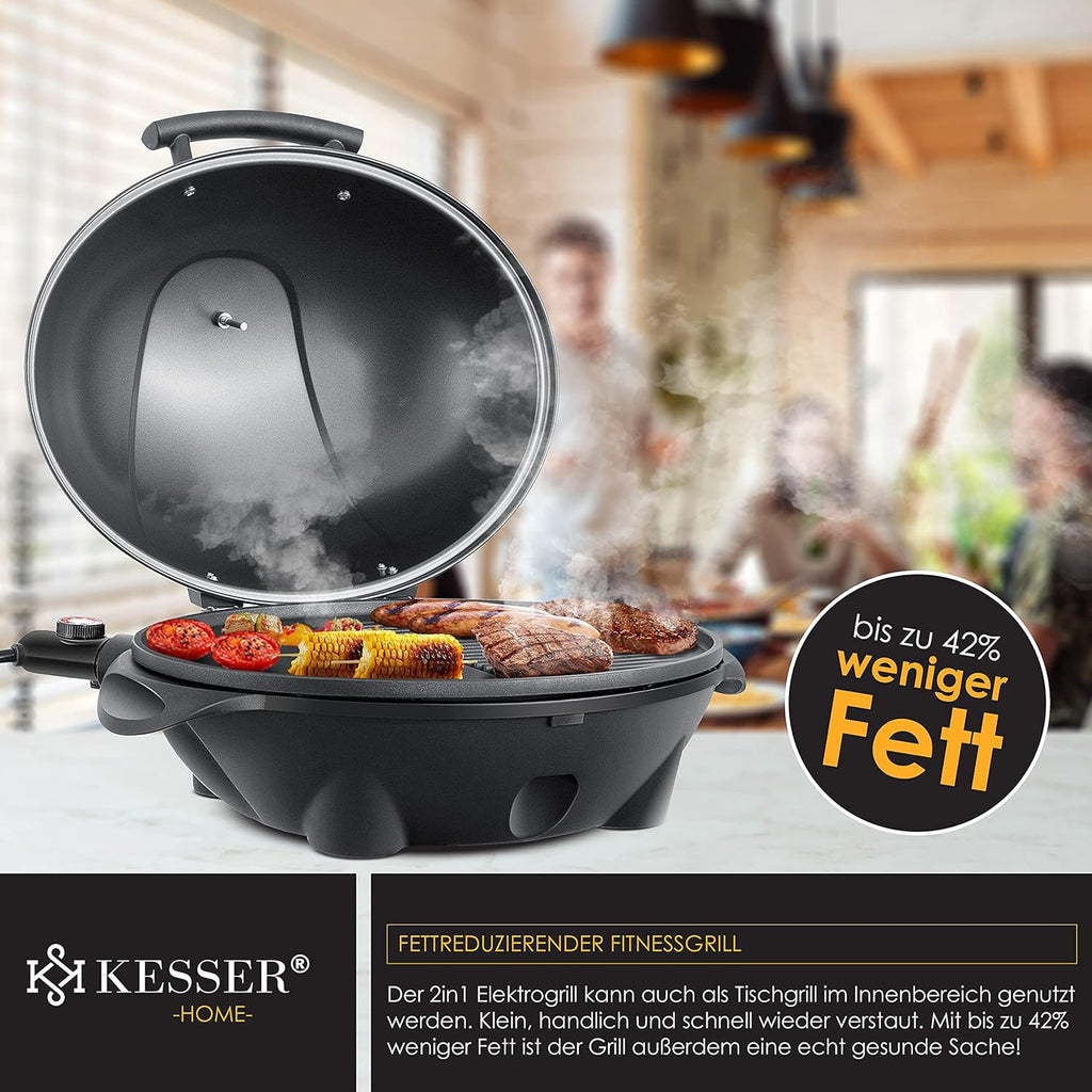 KESSER® Barbecue elettrico 2 in 1 da tavolo e da terra con coperchio, base, termometro max. 2400 Watt, piastra antiaderente XXL, ripiano, barbecue elettrico a colonna, set per barbecue incluso