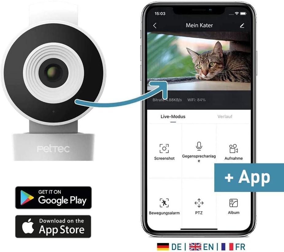 PetTec – Pet Cam Buddy Haustierkamera Futterautomat 8L für Katzen- & Hunde-Trockenfutter – Automatischer Futterspender mit WLAN & App-Steuerung -Inkl. 2-Wege-Audio, Bellerkennung & Nachtsicht