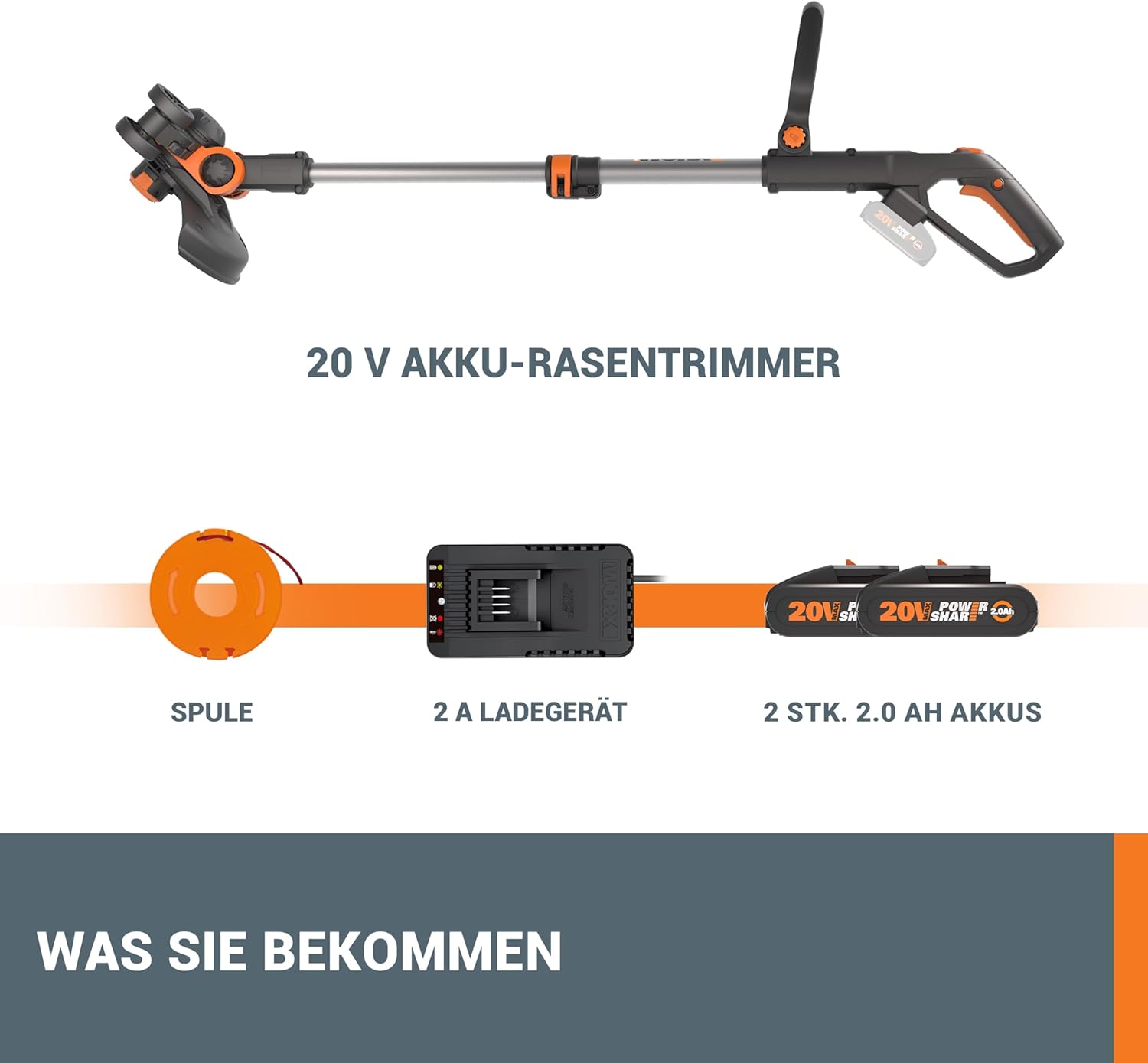 WORX WG163E Akku Rasentrimmer 20V & WG547E.9 Akku-Laubbläser Turbine 20V - höhe Leistung mit Turbinen-Technologie