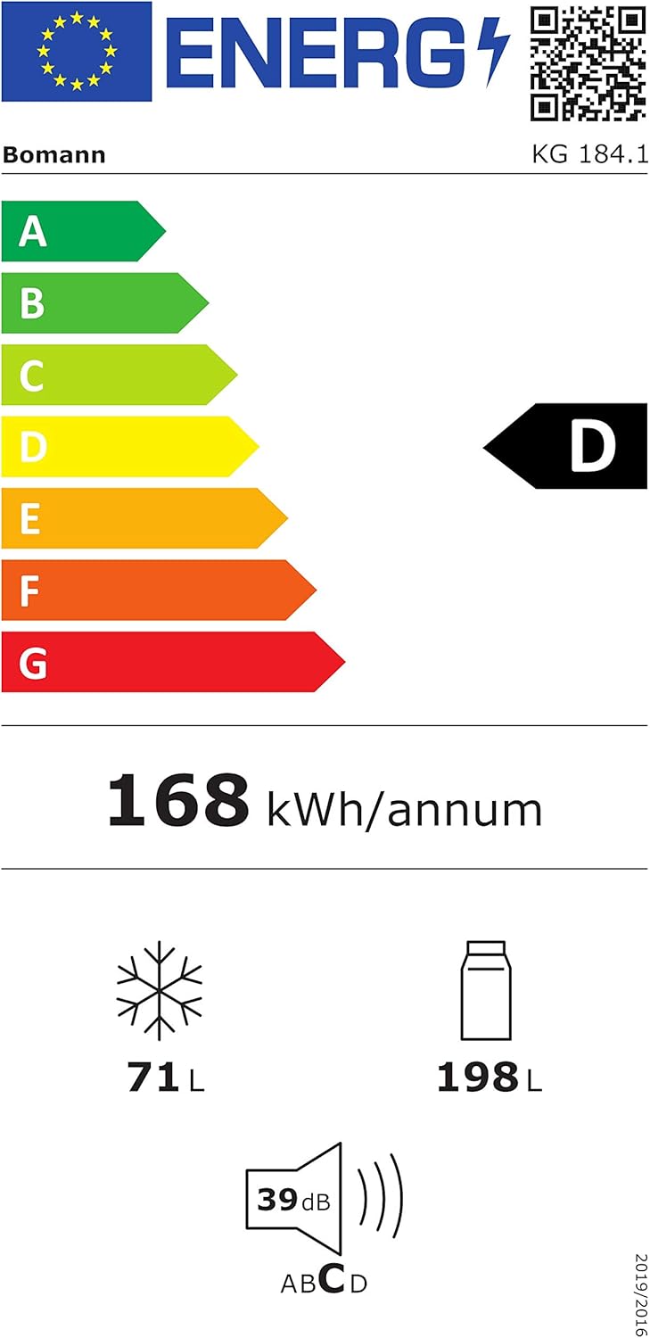 Combinazione frigo-congelatore Bomann®, capacità netta 269 L - Frigorifero: 198 L | Congelatore: 71 L, a risparmio energetico, silenzioso 39 dB, LED, porta reversibile, Altezza: 180 x Larghezza: 55 x Profondità: 55,8 cm - KG 184.1 bianco