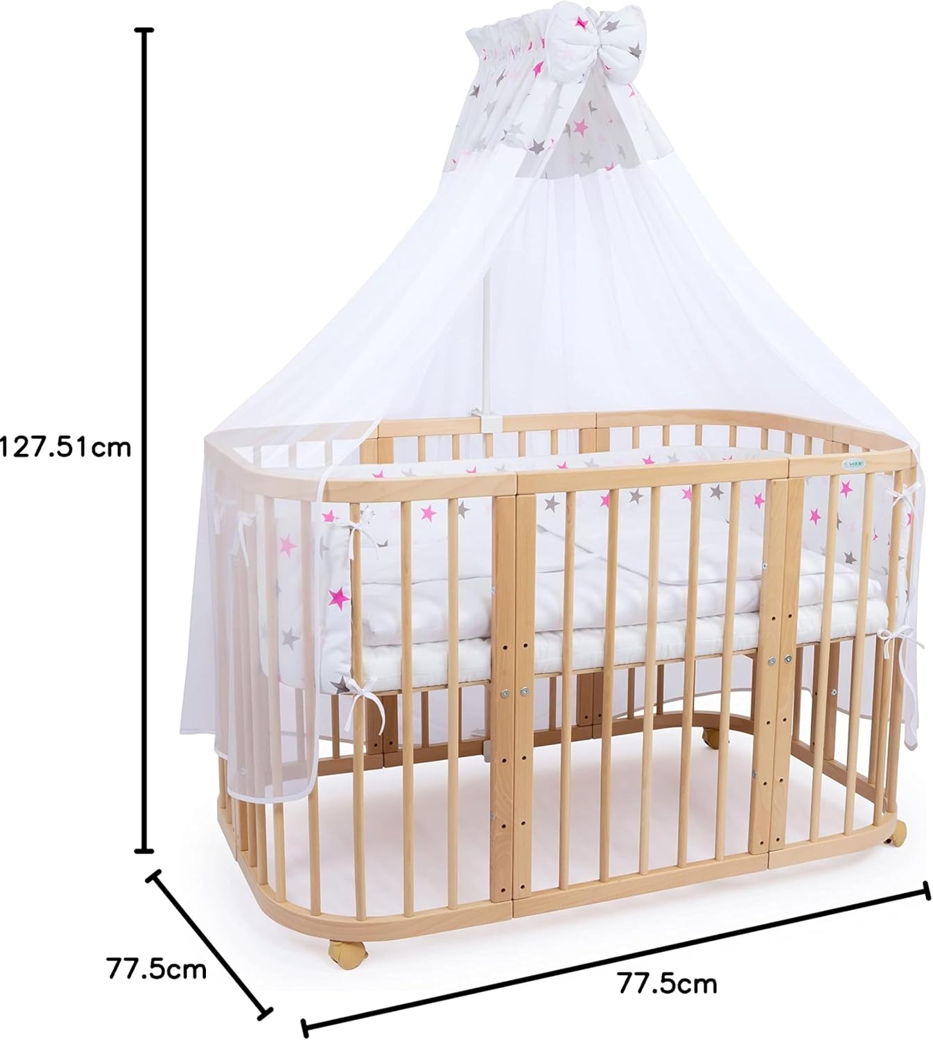 Waldin Lettino per bambini in legno 7in1 con materasso, Letto "Cresci con me", Ventilato, Base regolabile in 5 altezze, Set All-Inclusive, Legno Bianco