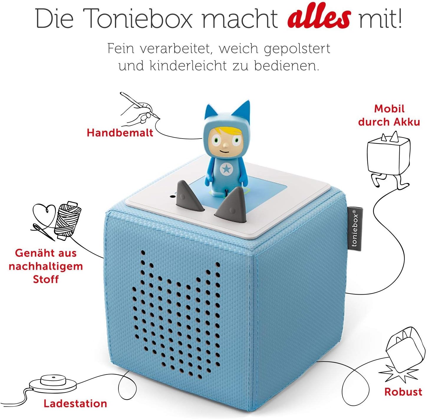 Toniebox Extrapack – Toniebox Starterset Blu con Tonie creativo + 4 statuette sonore Disney Eroi Animali, Audioplayer per audiolibri e canzoni, Musicbox wireless con audiolibro Disney