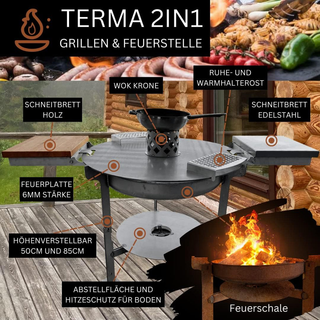 Terma Accessori Tagliere in legno Cucina da esterno, piastra plancha, grill con piastra in ghisa, ripiano per piastra in ghisa, braciere con griglia, anello per griglia per braciere