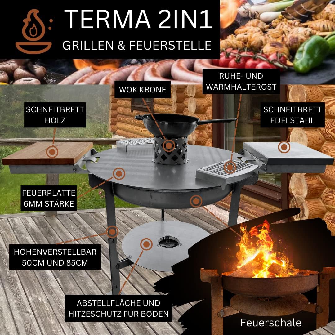 Terma Accessori Tagliere in legno Cucina da esterno, piastra plancha, grill con piastra in ghisa, ripiano per piastra in ghisa, braciere con griglia, anello per griglia per braciere