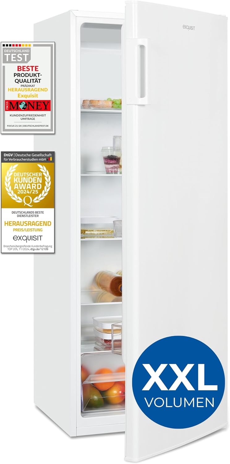 Exquisit Frigorifero senza Congelatore, Grande Frigorifero, 5 Ripiani, 242 Litri, Frigorifero a Pieno Volume alto 143 cm, KS5320-V-H-040E bianco