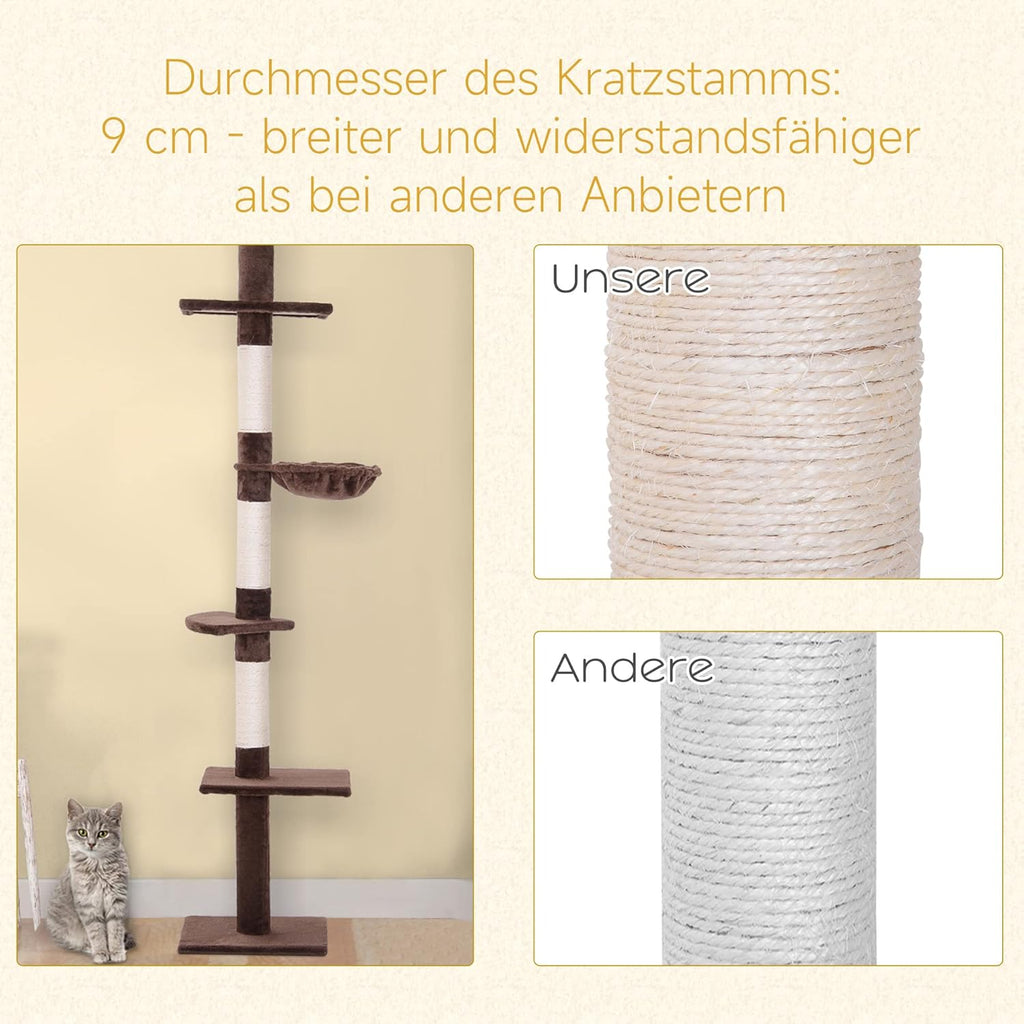 PawHut Katzenbaum mit Laufrad 4-Stock Kratzbaum Katzenhaus mit Sisalsäulen Katzenhöhle Kiefernholz Natur 80 x 50 x 143 cm
