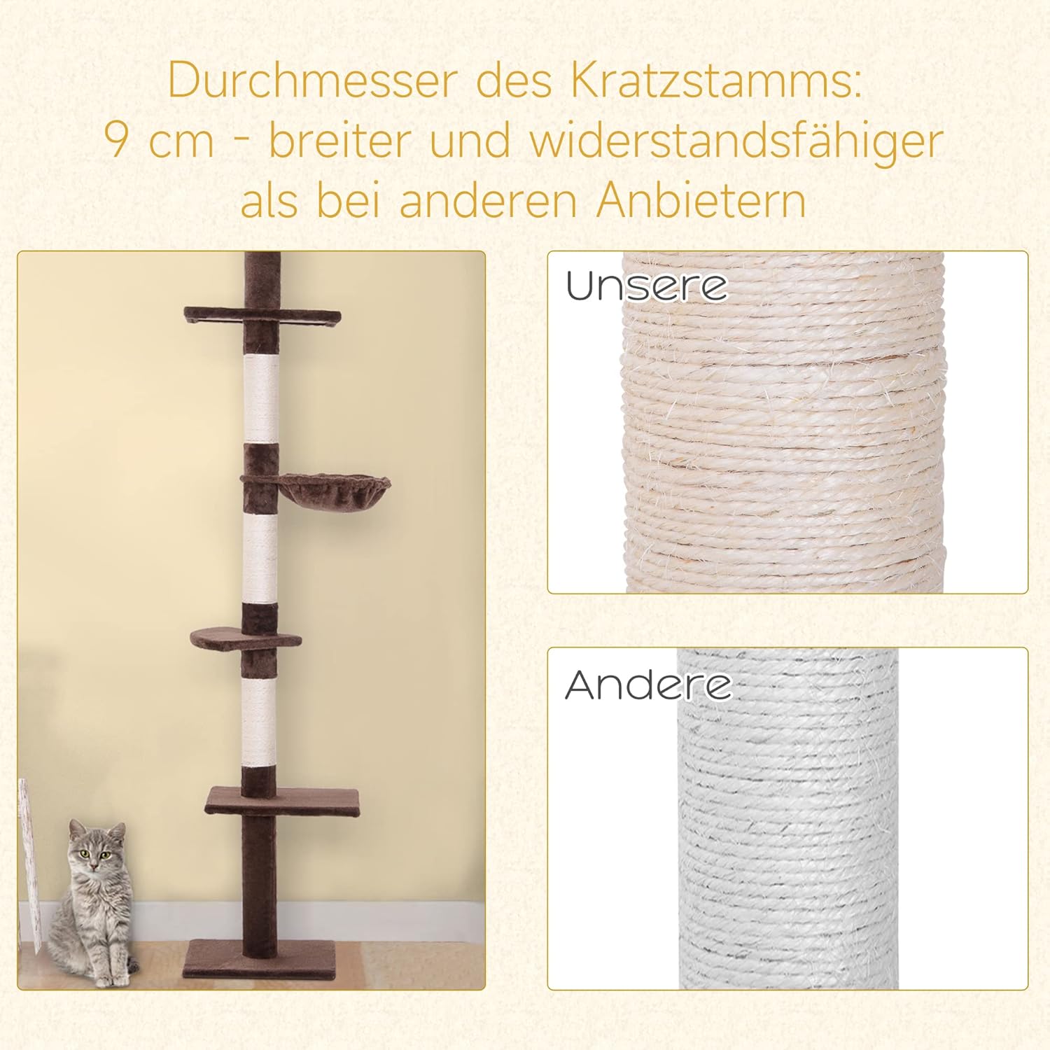 PawHut Katzenbaum mit Laufrad 4-Stock Kratzbaum Katzenhaus mit Sisalsäulen Katzenhöhle Kiefernholz Natur 80 x 50 x 143 cm