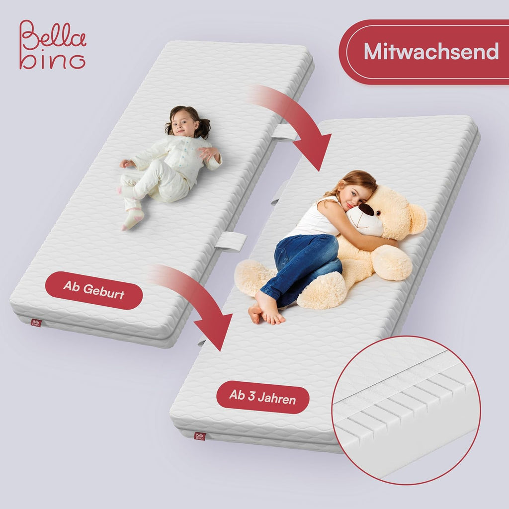 Bellabino Vere Letto a Pavimento 140x200 Montessori, Letto Matrimoniale con Protezione Anticaduta e Rete a Doghe, Letto per Bambini e Bambine in Legno Massello di Pino Bianco con Sbarre