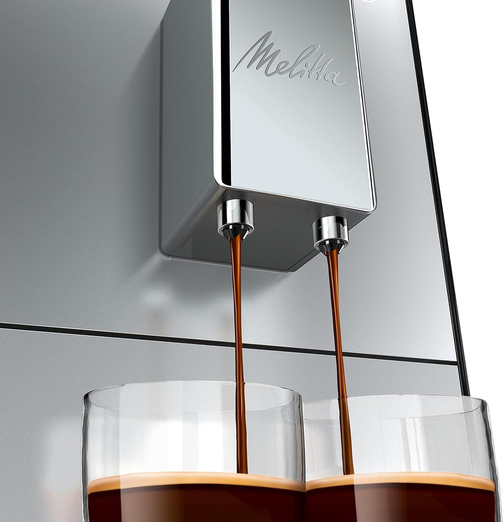 Melitta Solo - Macchina da caffè automatica con beccuccio regolabile in altezza, macchina da caffè piccola con serbatoio dell'acqua rimovibile, per es. espresso o caffè crema, argento
