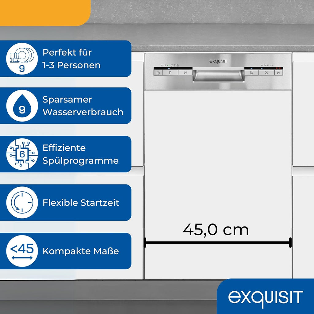 Lavastoviglie Exquisit, 45 cm di larghezza, parzialmente integrata, 9 coperti, 9 litri, partenza ritardata, modalità ECO, lavastoviglie 45 cm, EGSP51009-EB-030E inox