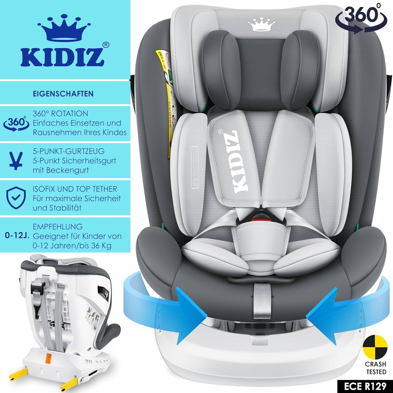 KIDIZ® Kindersitz Baby Autositz Kinderautositz Isofix Top Tether 360° drehbar Gruppe 0/1/2/3 ab Geburt 0-36kg Mit Sonnenschutzdach Seitenschutz 5 Punkt Gurt Kopfstützenverstellung ECE R129 Anthrazit