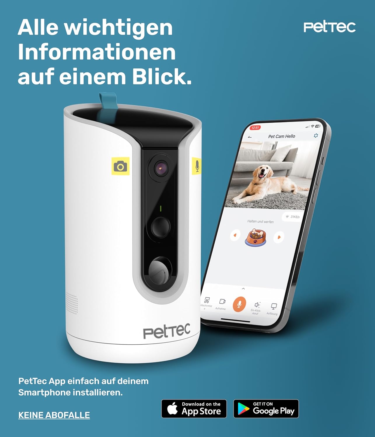 PetTec – Pet Cam Buddy Haustierkamera Futterautomat 8L für Katzen- & Hunde-Trockenfutter – Automatischer Futterspender mit WLAN & App-Steuerung -Inkl. 2-Wege-Audio, Bellerkennung & Nachtsicht