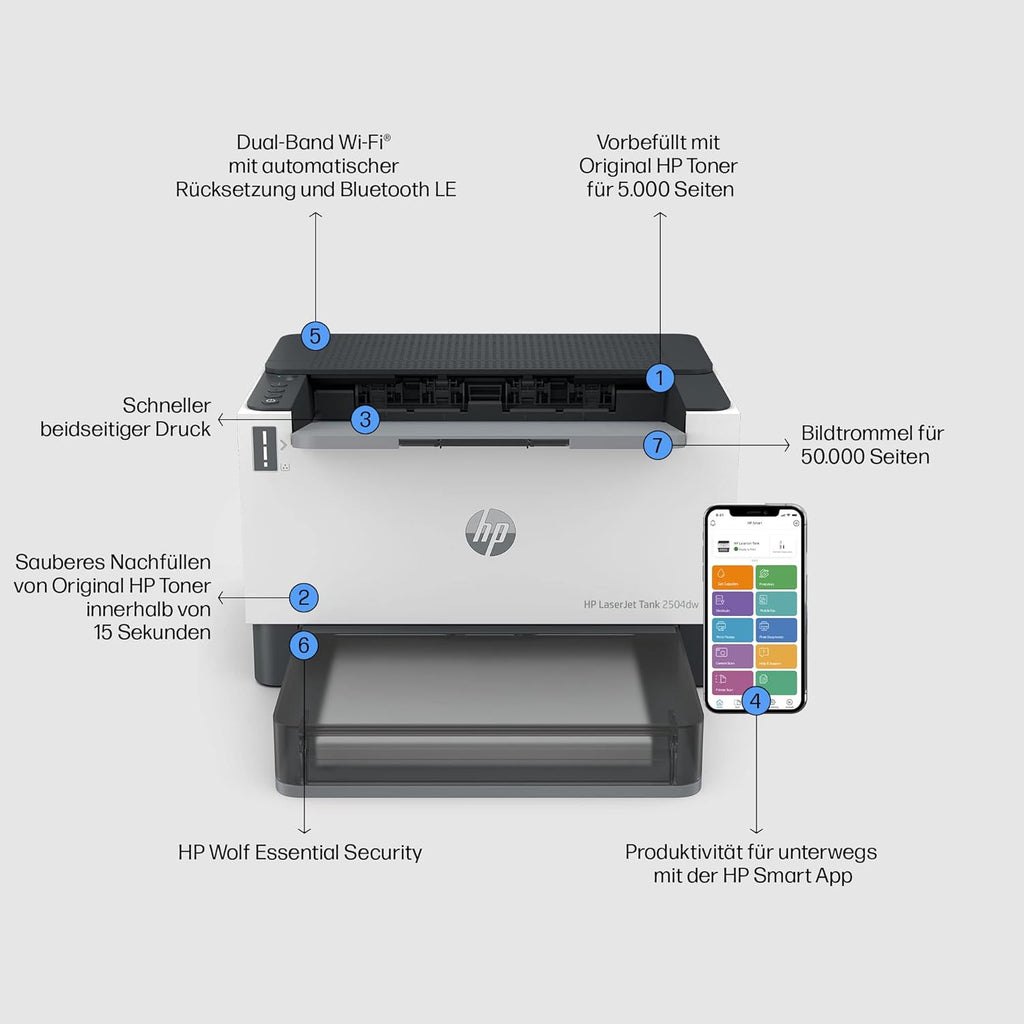 HP Laserjet Tank MFP 2604dw Laserdrucker, Drucker, Scanner, Kopierer, HP Smart App, inklusive Original HP Toner für bis zu 5000 Seiten, 23 Seiten/Min, beidseitig drucken, bis 600 x 600 DPI, Monochrom