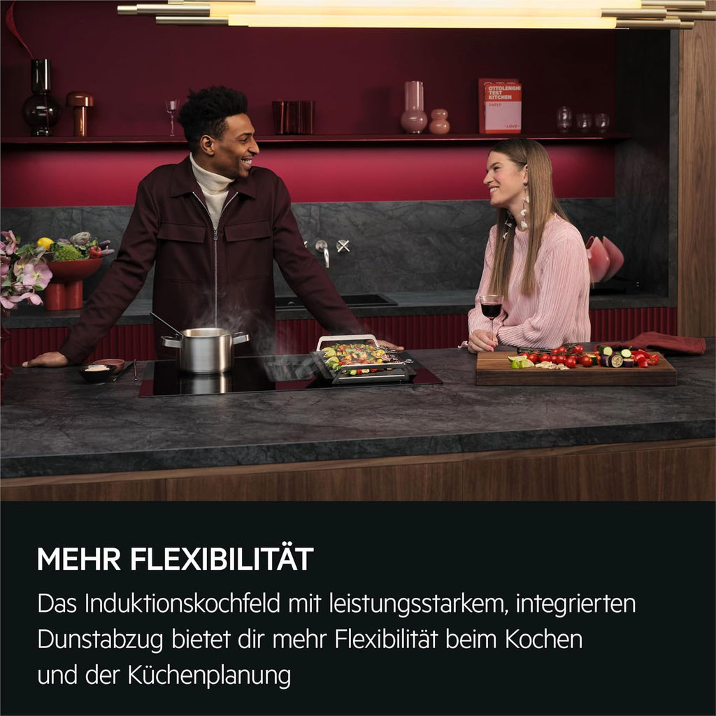 AEG piano cottura a induzione autonomo 80cm con cappa integrata / Prodotto in Germania / 4 zone cottura Flexi con funzione Bridge (combinazione di 2 zone) / Funzione automatica della cappa / Filtro a carbone attivo / COLI84COXB