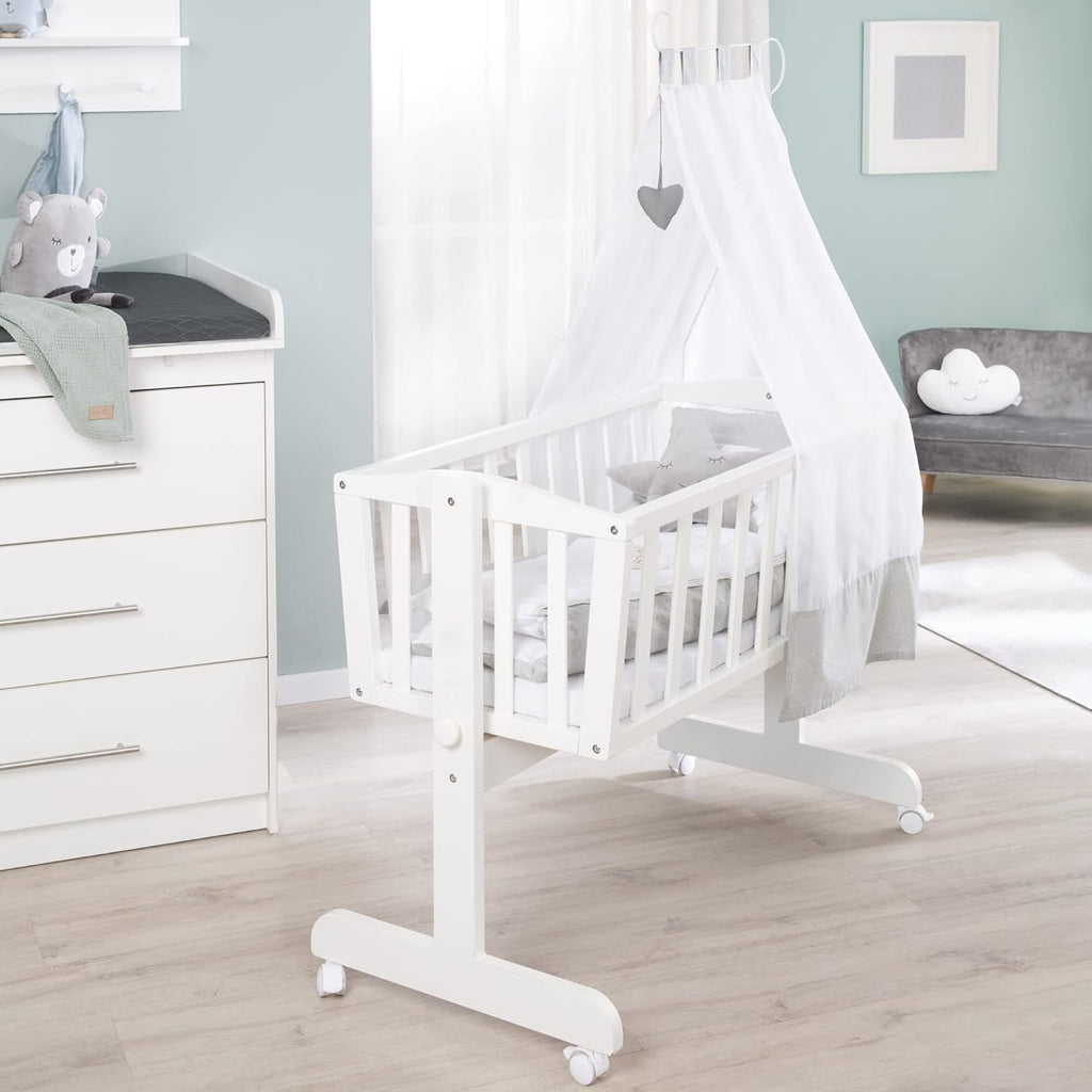 roba Babywiege 40 x 90 cm Adam & Eule - Stubenwagen & Wiege mit Rollen - Bett Set komplett mit Feststellfunktion - Inkl. textiler Ausstattung - Holz weiß