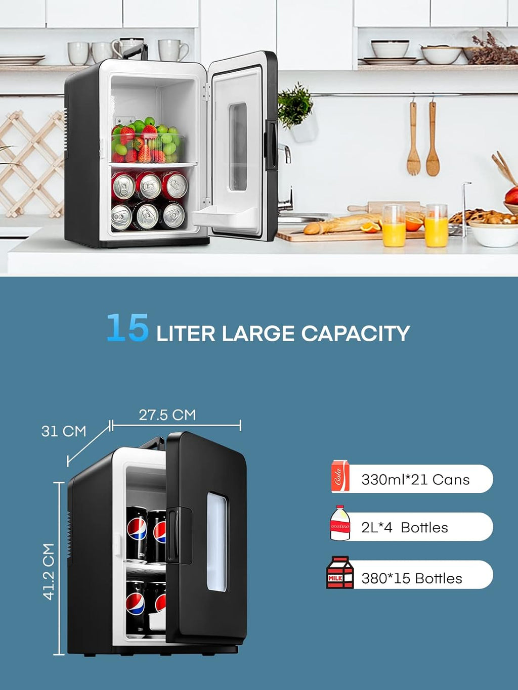 NORTHCLAN Mini Frigo per Camera 15 L, con 220 V CA/12 V CC per Uso in Auto e Casa, Frigorifero Portatile e Scaldavivande Perfetto per Bevande, Cosmetici, Snack, Modalità Max ed Eco, Nero