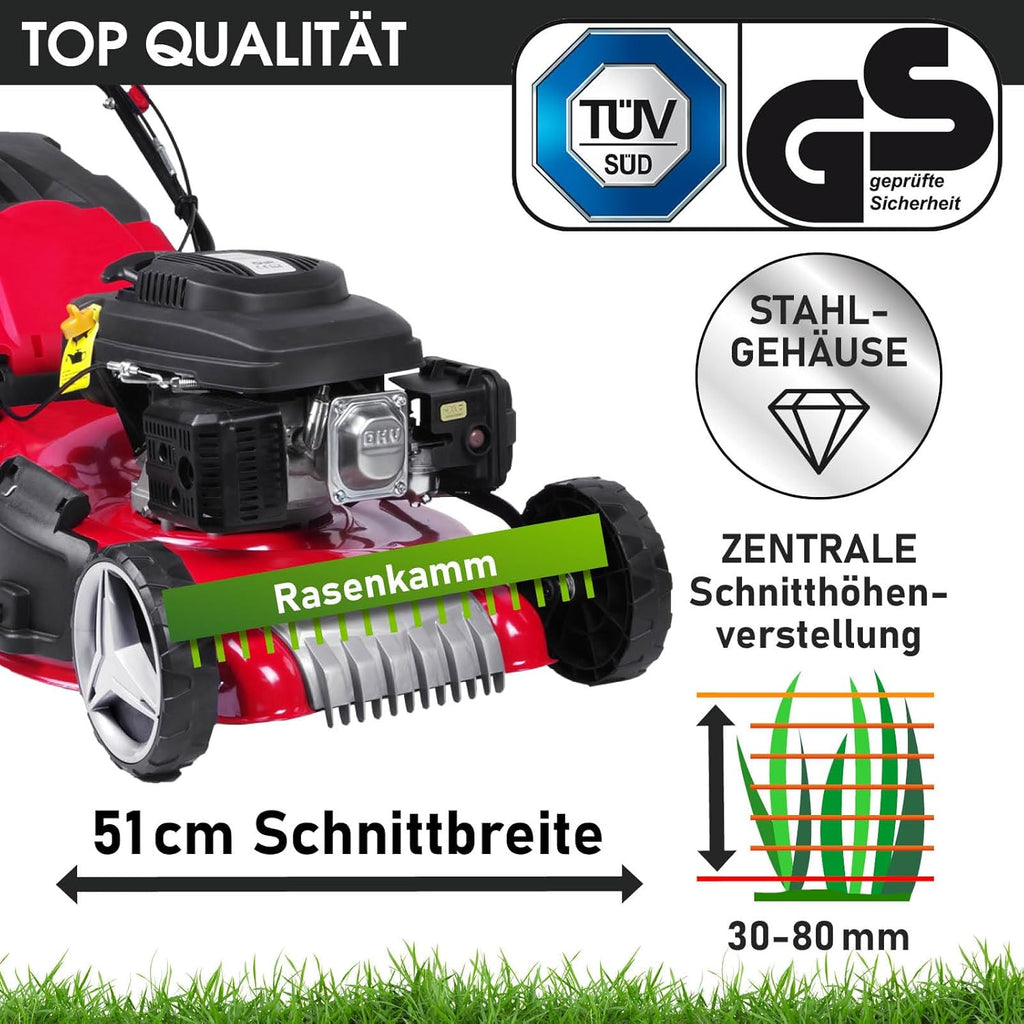 BRAST® Benzin Rasenmäher mit Antrieb | 3,5kW (4,76PS)-5,2kW(7PS) | 46-51cm Schnittbreite | viele Modelle | TÜV | 4 Takt OHV Motor | 30-80mm Schnitthöhe | 60L Fangkorb | Stahlgehäuse | RED LINE 7PS