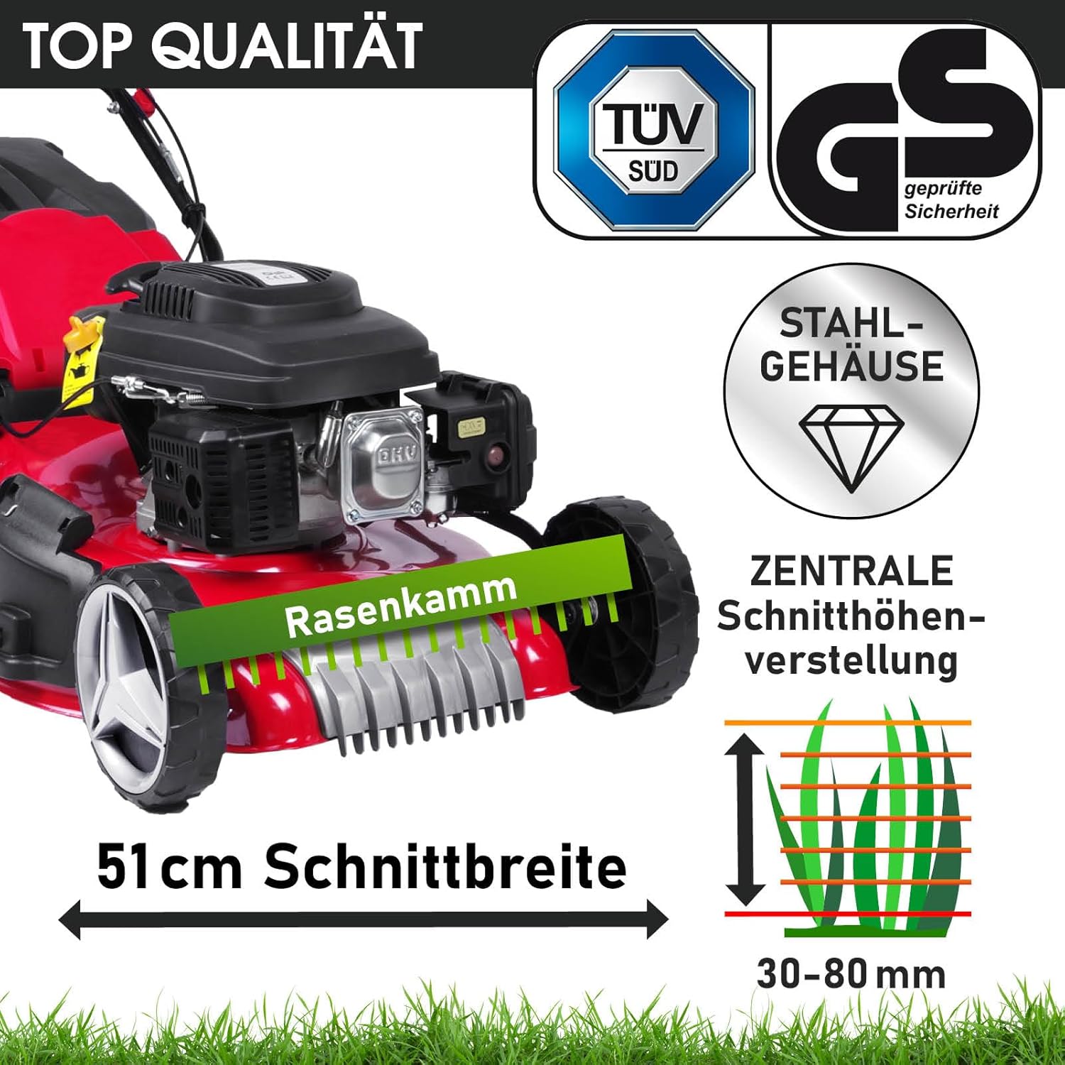 BRAST® Benzin Rasenmäher mit Antrieb | 3,5kW (4,76PS)-5,2kW(7PS) | 46-51cm Schnittbreite | viele Modelle | TÜV | 4 Takt OHV Motor | 30-80mm Schnitthöhe | 60L Fangkorb | Stahlgehäuse | RED LINE 7PS