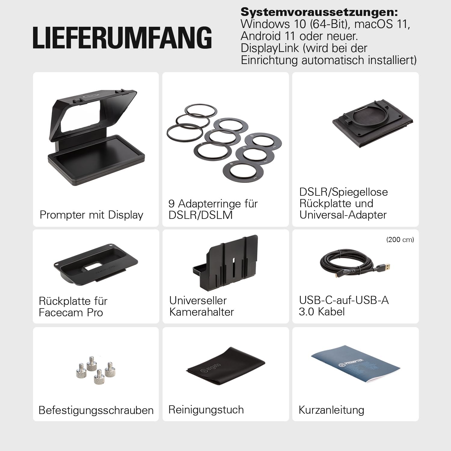 Elgato Prompter – Teleprompter mit integriertem Bildschirm für YouTube, Twitch, Zoom, Teams und mehr, unterstützt DSLR/Webcam/Smartphone, Drag&Drop-Monitoranzeige, funktioniert mit Mac/PC&Stream Deck