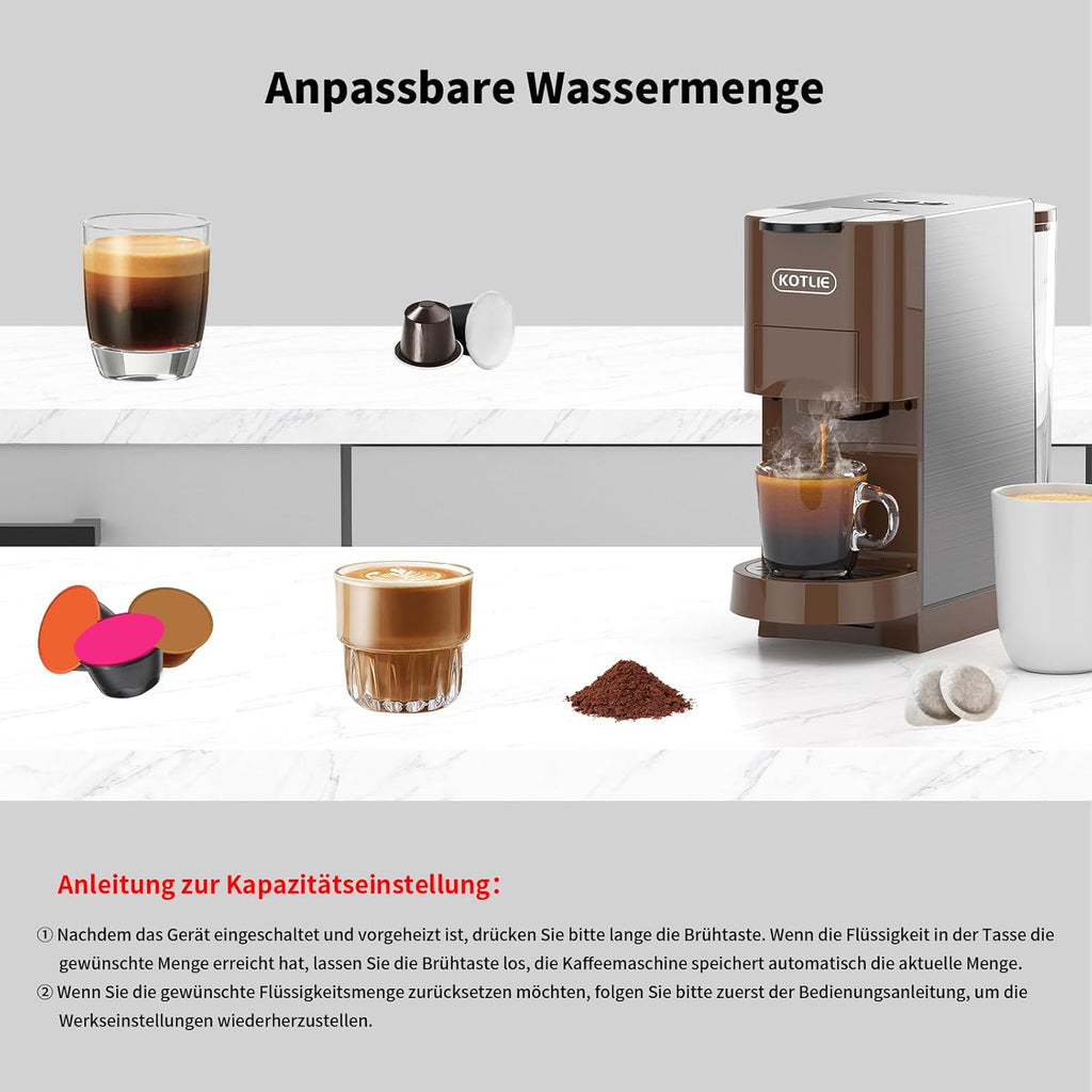 KOTLIE AC-513HF 5 in 1 Kaffeemaschine für NES/DG/a modo mio/Gemahlener Kaffee/ESE(44mm), Höhe für große Tassen (Schwarz)