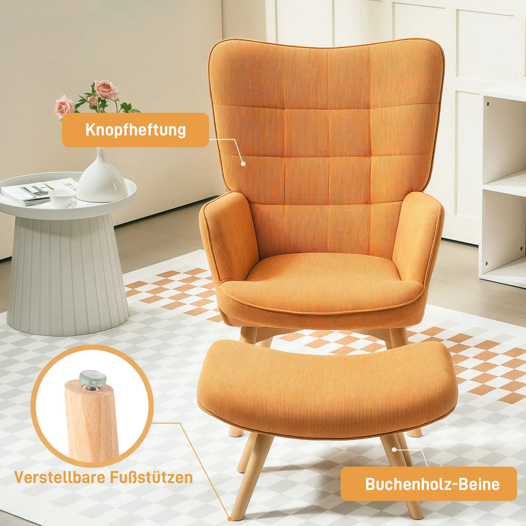 HOMCOM Poltrona Relax con Poggiapiedi, Set Poltrona Bergère in Legno di Faggio Effetto Velluto a Coste Marrone