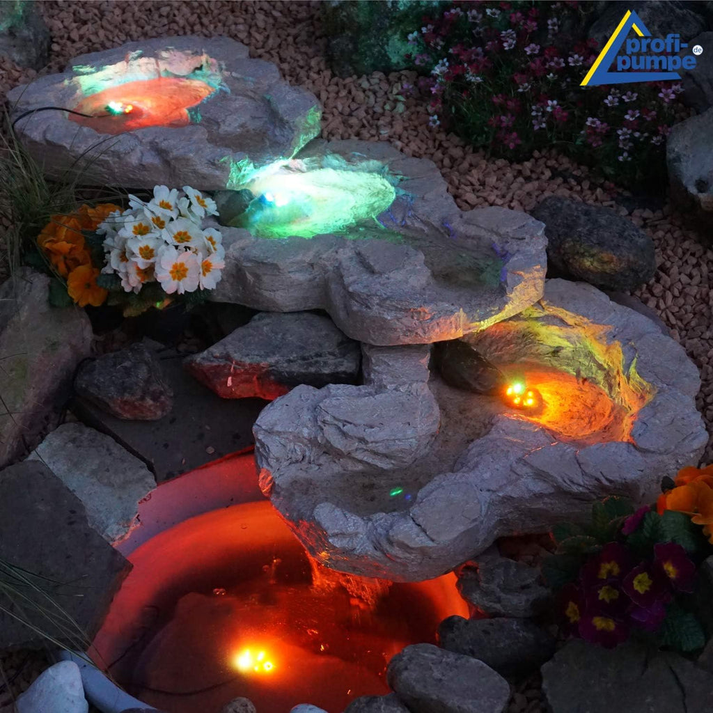 Fontana solare da giardino Bachlauf QUELLBACH II con luce LED/sistema ibrido, FONTANA ORNAMENTALE a 230V, BAGNO PER UCCELLI, CASCATA, LAMPADA DA GIARDINO, POMPA PER STAGNO - GIOCO D'ACQUA per giardino, laghetto da giardino, laghetto