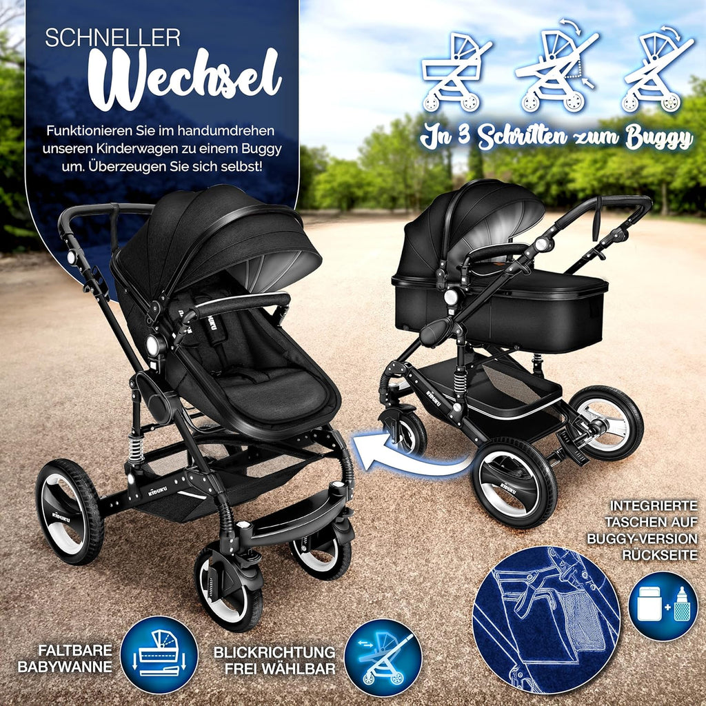 KIDUKU® Set completo passeggino 3 in 1 | Set passeggino combinato con navicella e sedile sportivo passeggino e seggiolino auto ovetto sacco a pelo | Ruote in gomma piena borsa per il cambio scaldamani parapioggia tavolino ECE R129
