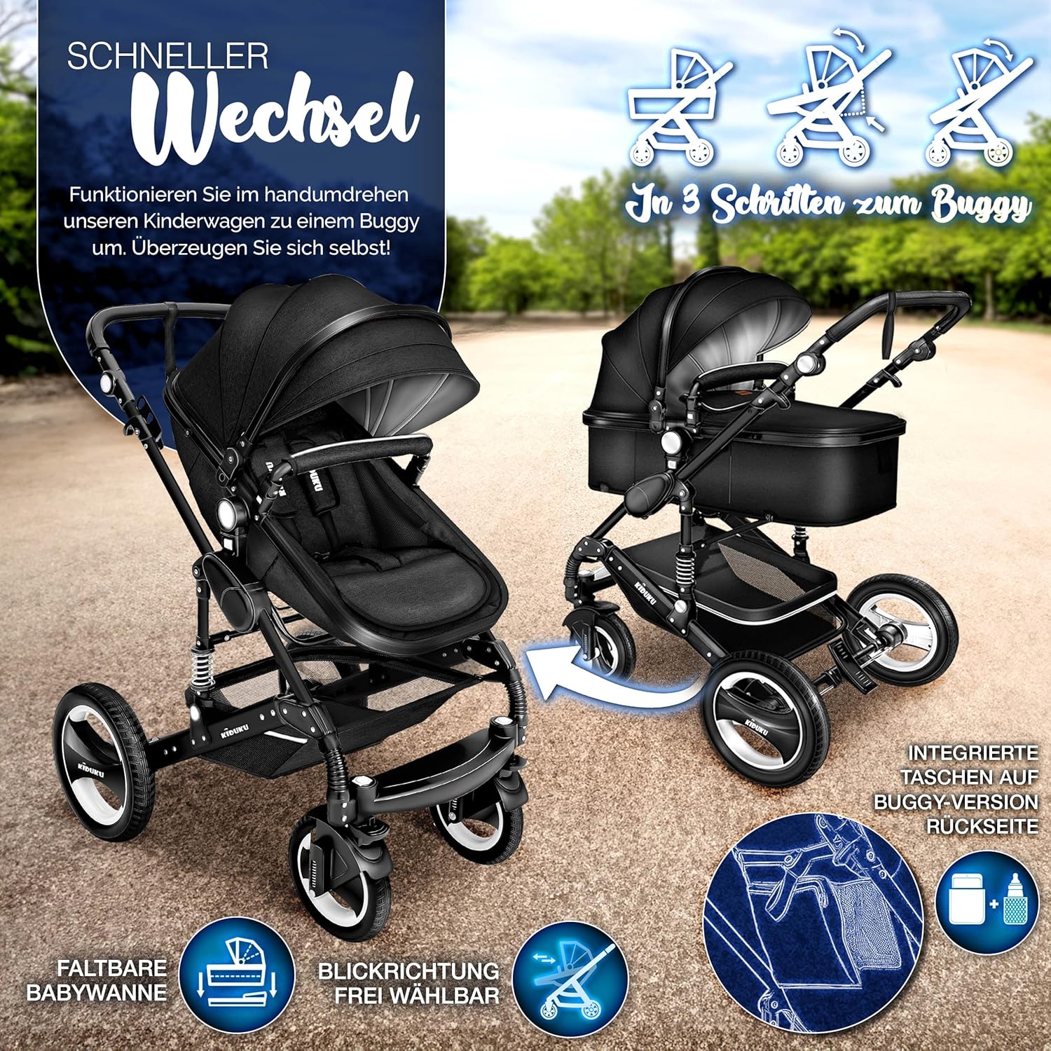 KIDUKU® Set completo passeggino 3 in 1 | Set passeggino combinato con navicella e sedile sportivo passeggino e seggiolino auto ovetto sacco a pelo | Ruote in gomma piena borsa per il cambio scaldamani parapioggia tavolino ECE R129
