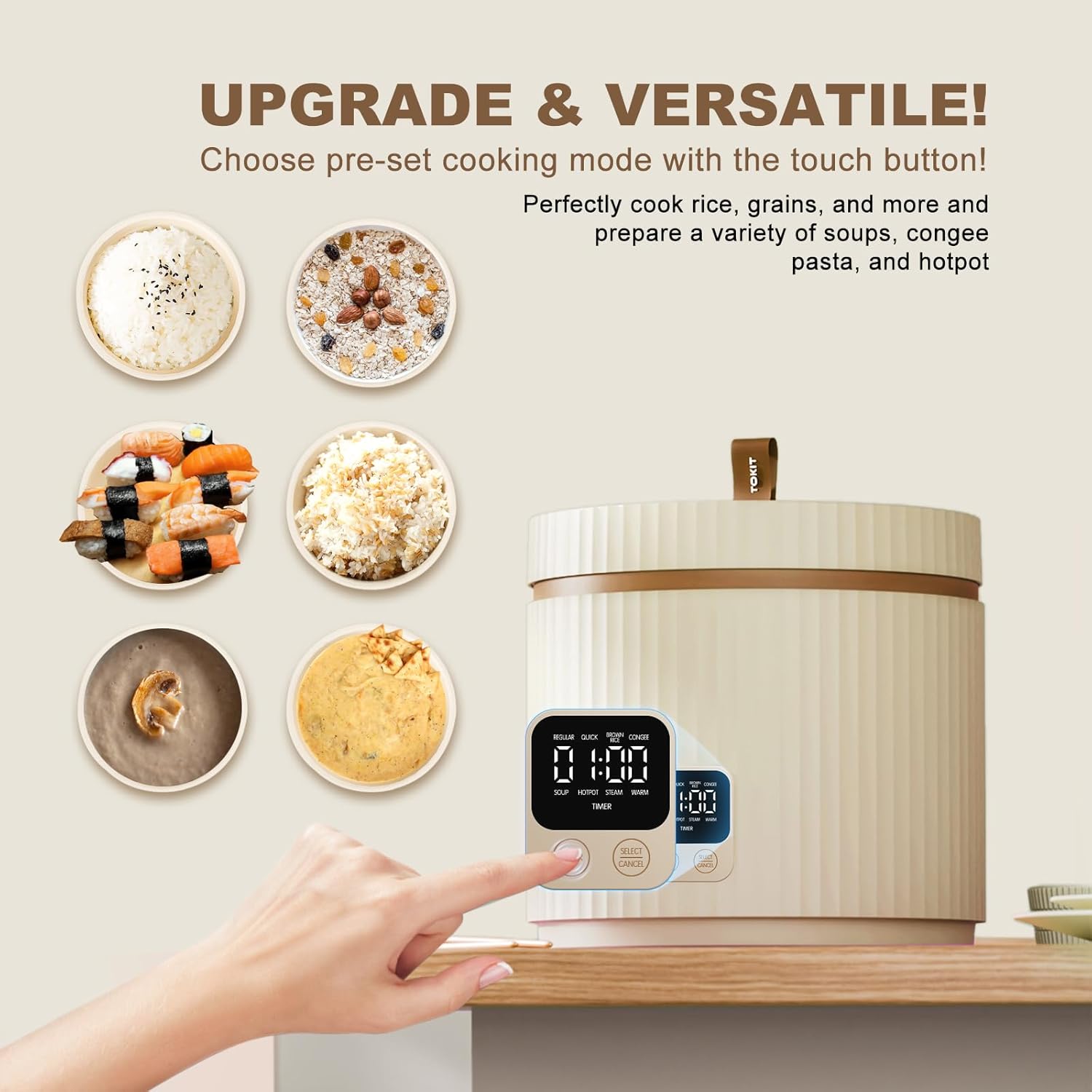 TOKIT Cuociriso 1.5L Pro Mini Piccolo ma Multifunzione con Tasto Touch Display per 1-3 persone Pentola Interna Antiaderente Rivestita in Ceramica (Bianco)