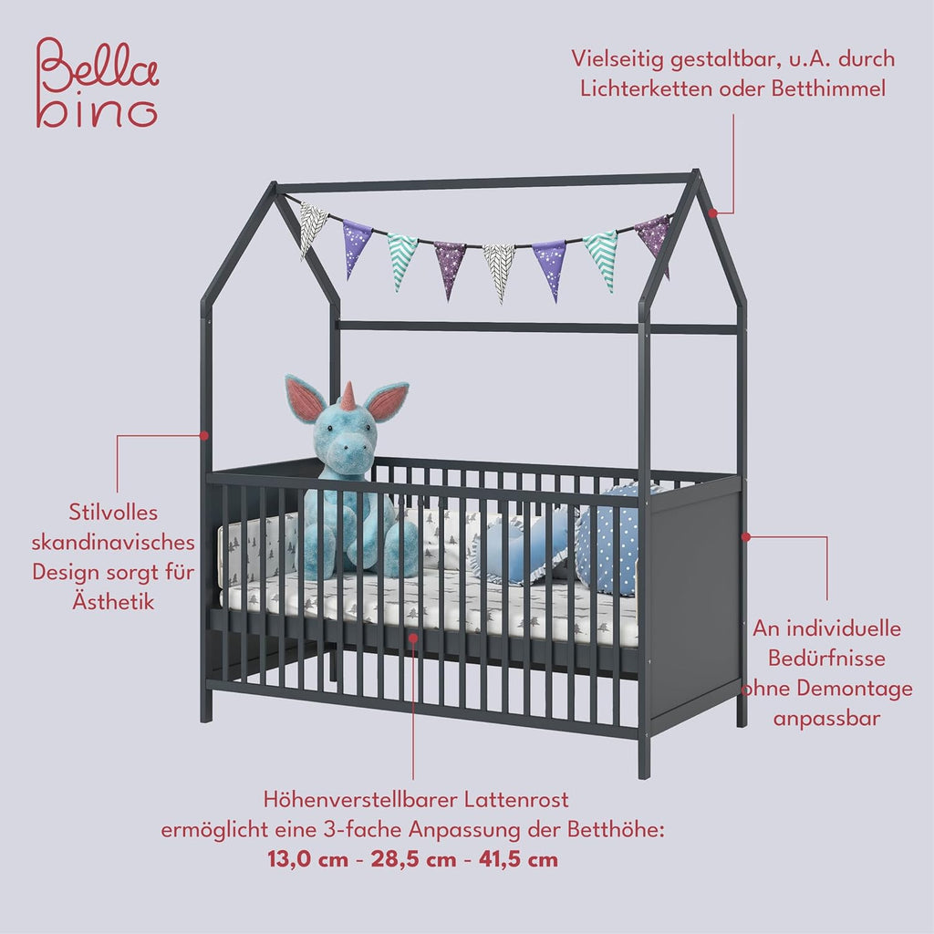 Bellabino Nika Lettino a capanna 70 x 140 cm, letto con sbarre e lettino a capanna per bambini e neonati in pino massiccio bianco, regolabile in altezza su 3 posizioni, incl. rete a doghe