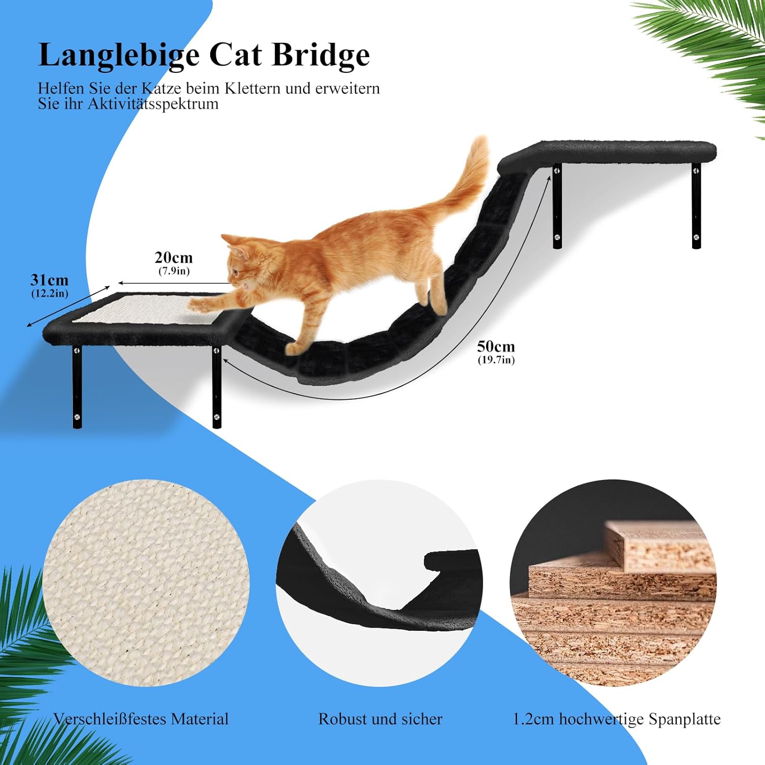 Zvonema Kletterwand 10-teilig-Katzenhängematte,Hängebrücke mit Rutschfestem Sisal,Kratzsäulen mit Sisal,Ruhe und Spielwandregal mit Spurenkugel,Kletterwand für Katzen bis 10 kg