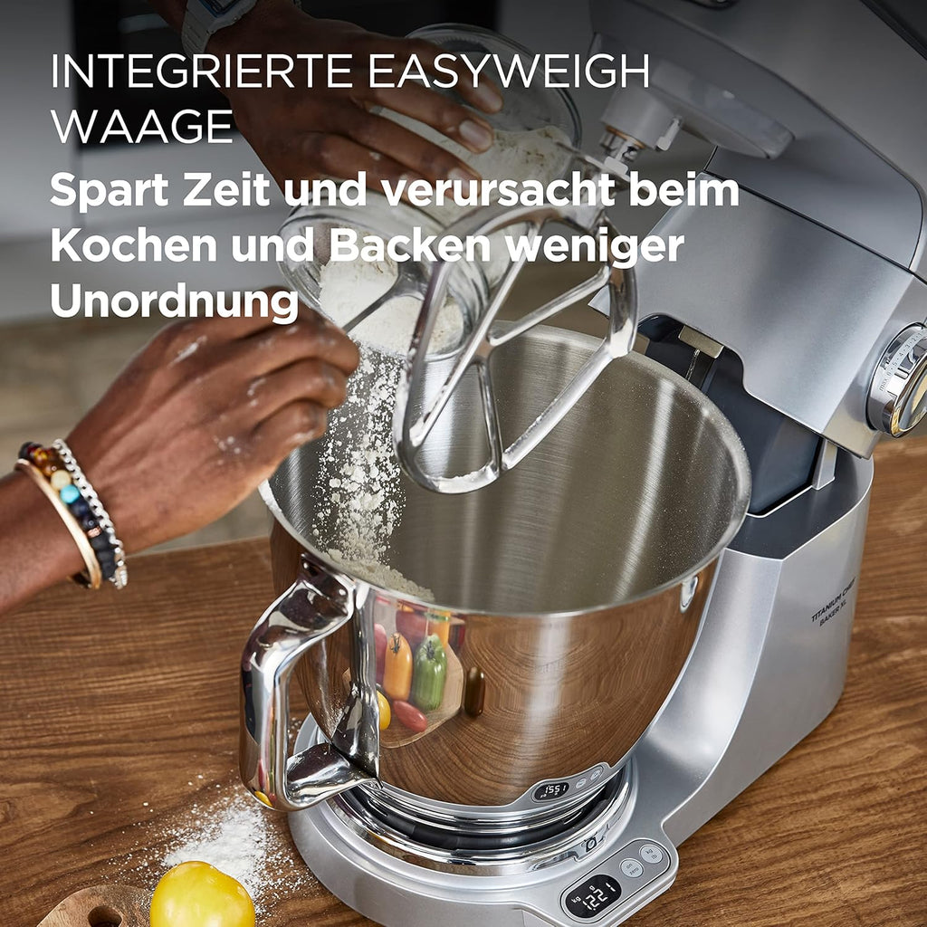 Kenwood Titanium Chef Baker KVL85.424SI Robot da cucina con bilancia integrata, incl. set pasticceria da 4 pezzi, ciotole da 7 L e 5 L, regolazione continua della velocità, 1200 W, Argento