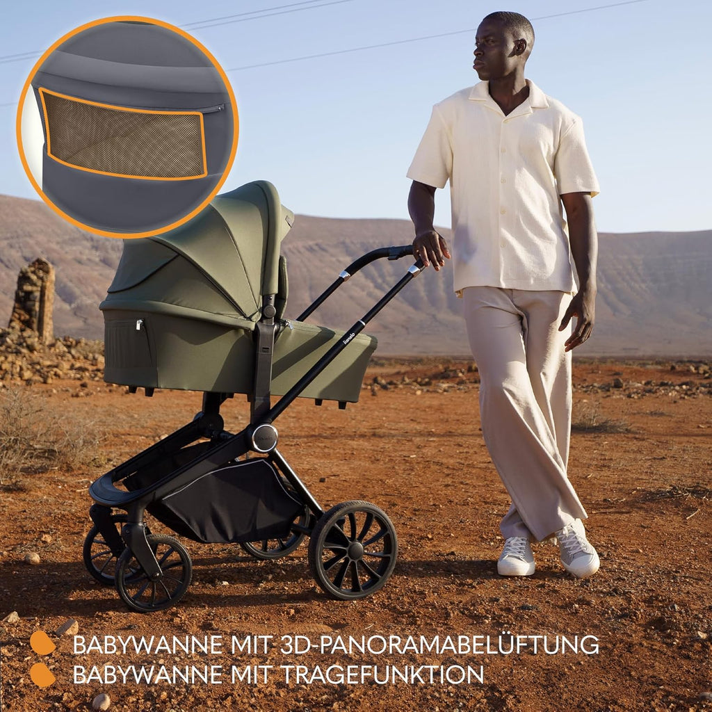 Passeggino LIONELO MIKA PLUS 3-in-1, da 0 a 48 mesi, fino a 22 kg, navicella fino a 9 kg, seggiolino auto fino a 13 kg, schienale regolabile, ammortizzazione, ruote a 360°, cappottina XXL