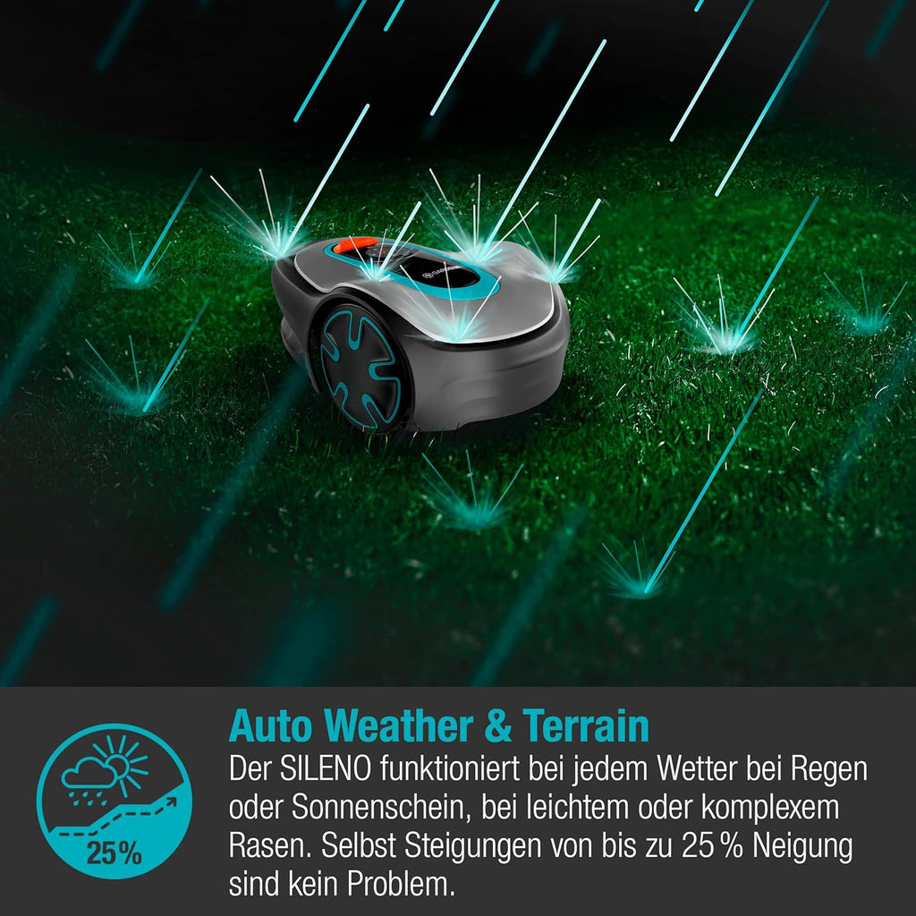 Gardena Rasaerba robotizzato SILENO minimo 500 m: tosaerba intelligente con connettività ottimale, programmabile con l'app Gardena Bluetooth, versione DE (15202-20)
