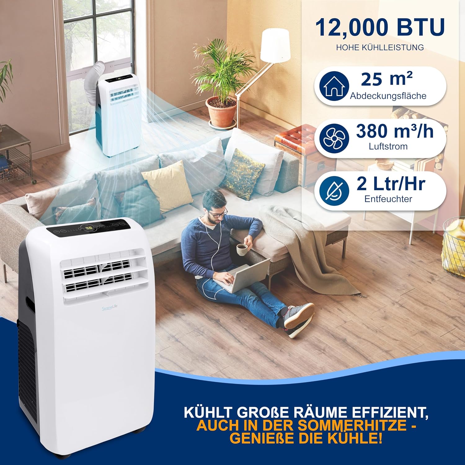 SereneLife Climatizzatore portatile, dispositivo di raffreddamento ad aria mobile 3 in 1 con tubo di scarico - Refrigeratore ad aria, deumidificatore e ventilatore, climatizzatore 9.000 BTU, 1,5 L umidità/ora, raffredda ambienti fino a 42 m