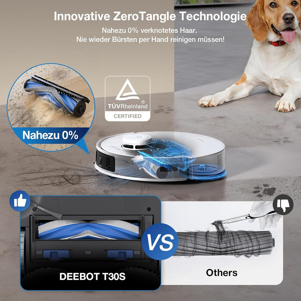 ECOVACS DEEBOT T30S Combo Robot aspirapolvere con funzione di lavaggio e aspirapolvere portatile a batteria, stazione di pulizia tutto in uno, 11000Pa, tecnologia ZeroTangle, pulizia dei bordi TruEdge, lavaggio del mop con acqua calda