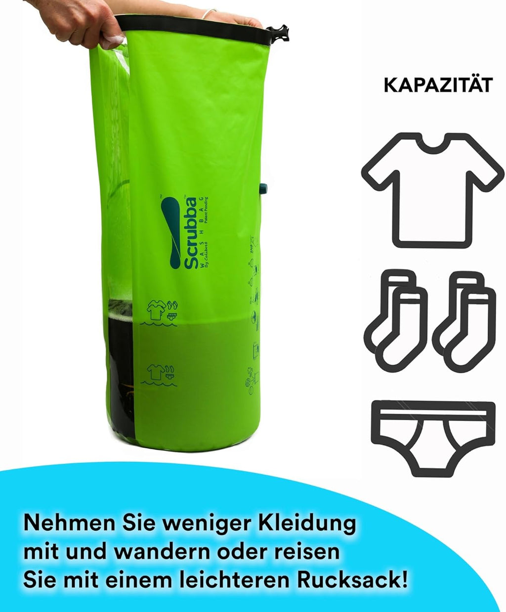 Scrubba Toplader Wash Bag 2.0 - Lavatrice portatile da campeggio - Borsa per il lavaggio e sacca da bucato, Verde