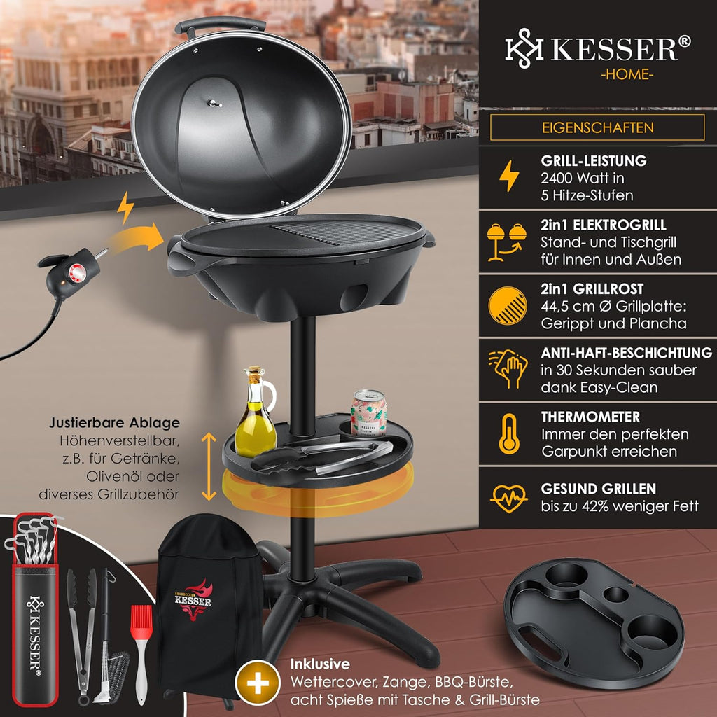 KESSER® Barbecue elettrico 2 in 1 da tavolo e da terra con coperchio, base, termometro max. 2400 Watt, piastra antiaderente XXL, ripiano, barbecue elettrico a colonna, set per barbecue incluso