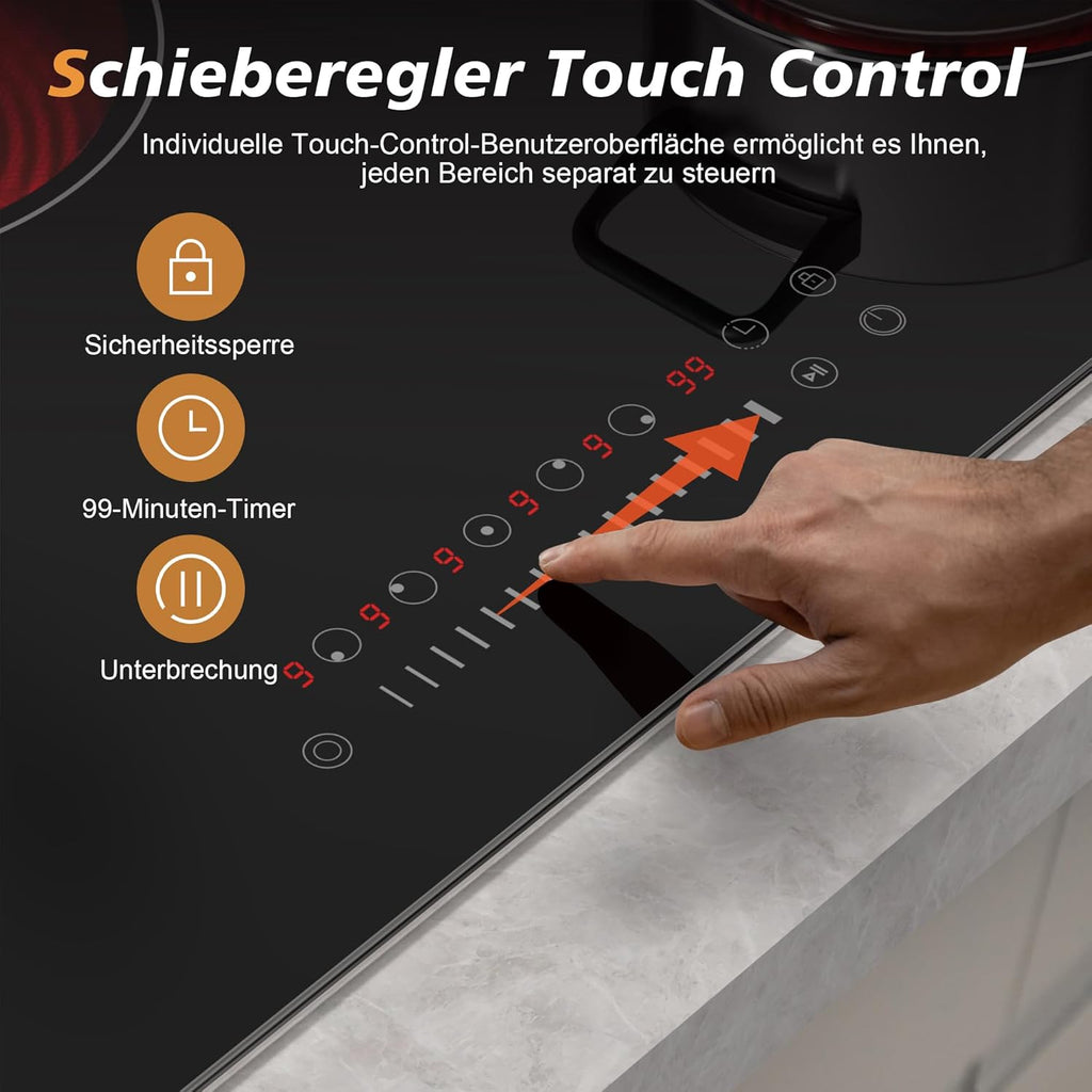 Karinear Einbau-Kochfeld aus Glaskeramik, 4 Kochfelder, mit doppelter ausziehbarer Zone, integrierter elektrischer Tisch mit Touch-Steuerung, Timer, Verriegelung für Kinder, 6600 W