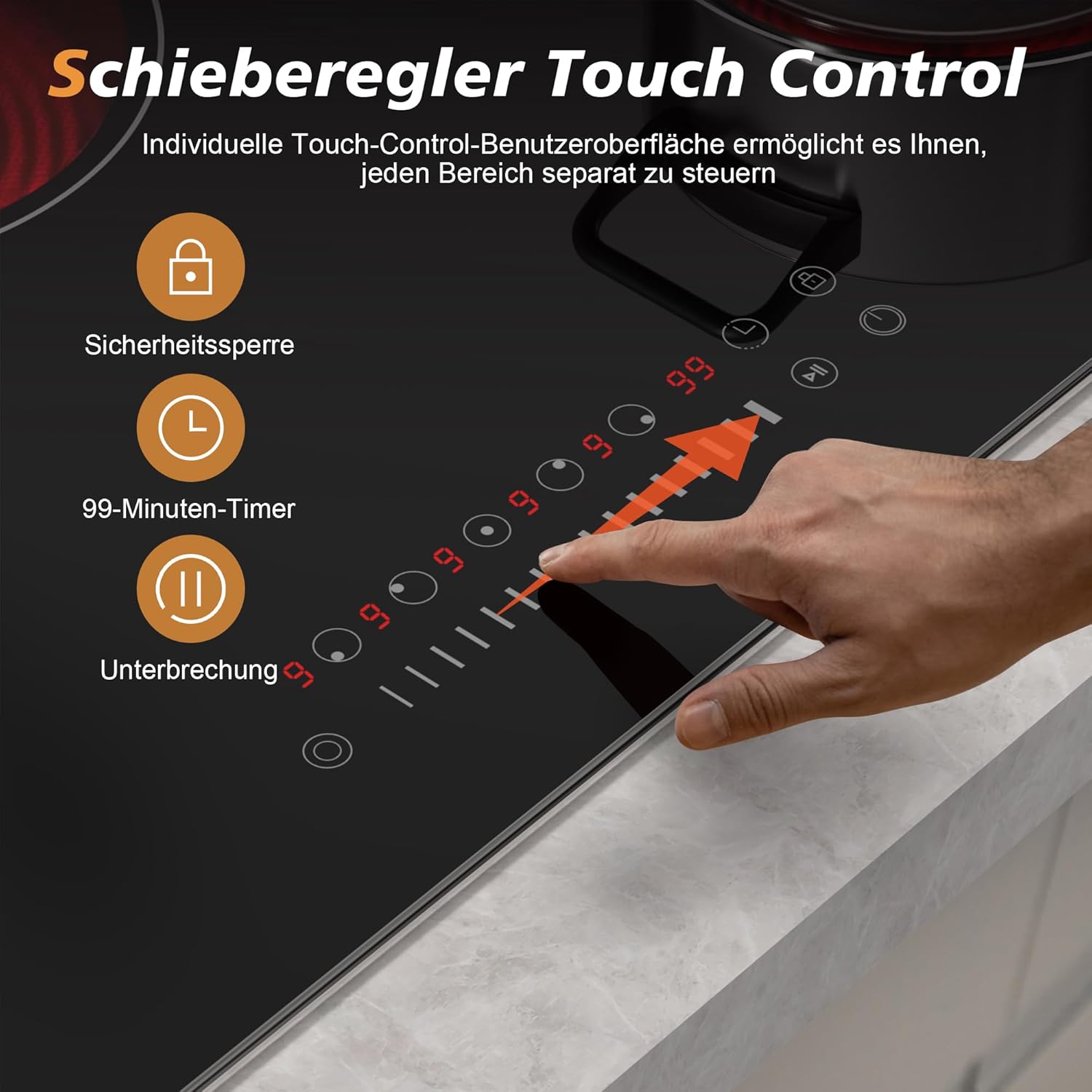 Karinear Einbau-Kochfeld aus Glaskeramik, 4 Kochfelder, mit doppelter ausziehbarer Zone, integrierter elektrischer Tisch mit Touch-Steuerung, Timer, Verriegelung für Kinder, 6600 W