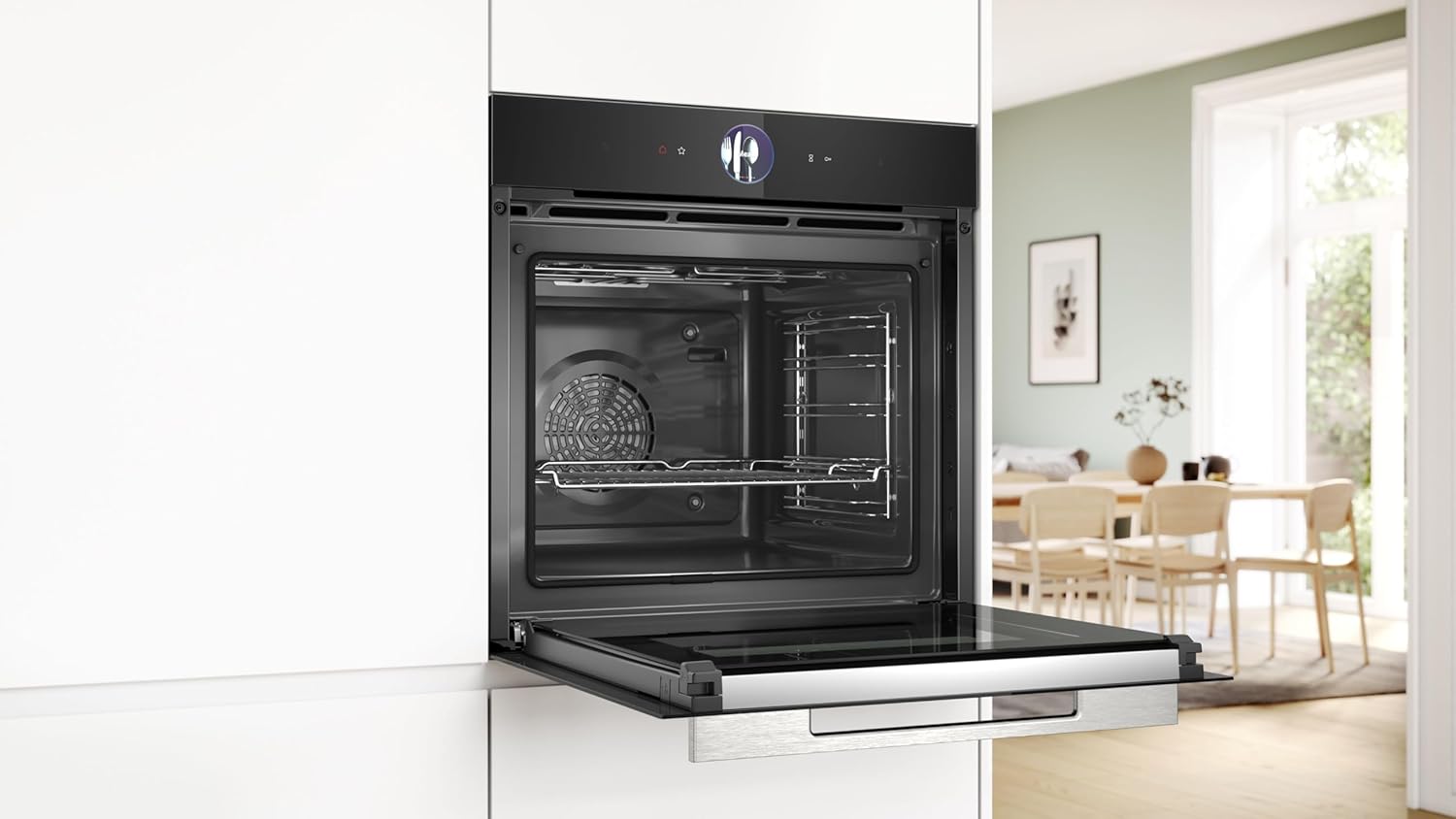 Bosch HMG7361B1, Serie 8 Forno da incasso intelligente con funzione microonde, 60 x 60 cm, Made in Germany, Nero, Air Fry, Anello di controllo digitale, Display touch, Programmi automatici, Supporto per la pulizia